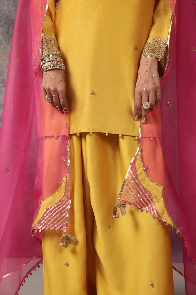 Mehrang Yellow Short Buti Kurta Set silk chanderi , silk tencel kurta/kurta set by Niti Bothra in yellow for women in Singapore