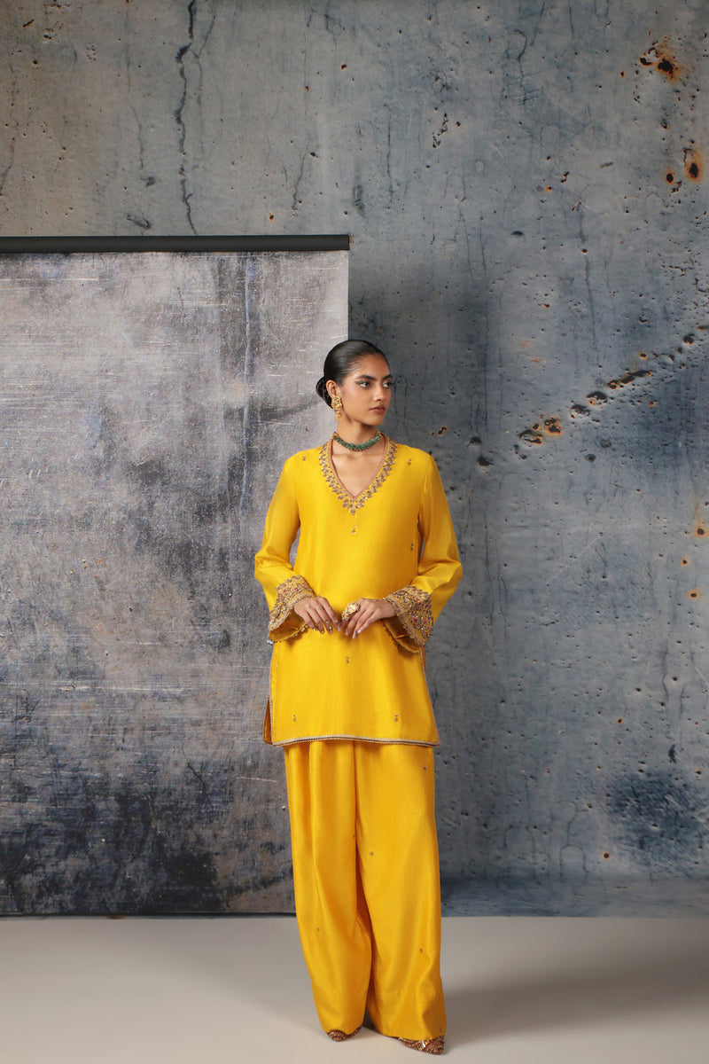 Mehrang Yellow V Neck Short Kurta Set silk chanderi , silk tencel kurta/kurta set by Niti Bothra in yellow for women in Singapore