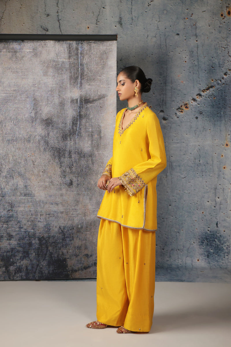 Mehrang Yellow V Neck Short Kurta Set silk chanderi , silk tencel kurta/kurta set by Niti Bothra in yellow for women in Singapore