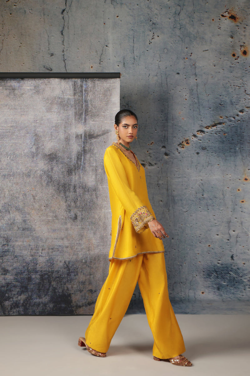 Mehrang Yellow V Neck Short Kurta Set silk chanderi , silk tencel kurta/kurta set by Niti Bothra in yellow for women in Singapore