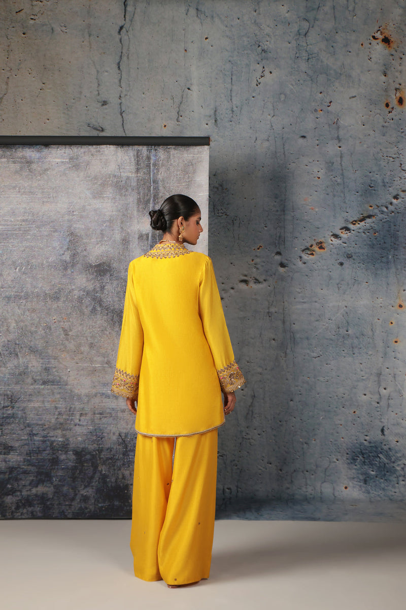 Mehrang Yellow V Neck Short Kurta Set silk chanderi , silk tencel kurta/kurta set by Niti Bothra in yellow for women in Singapore