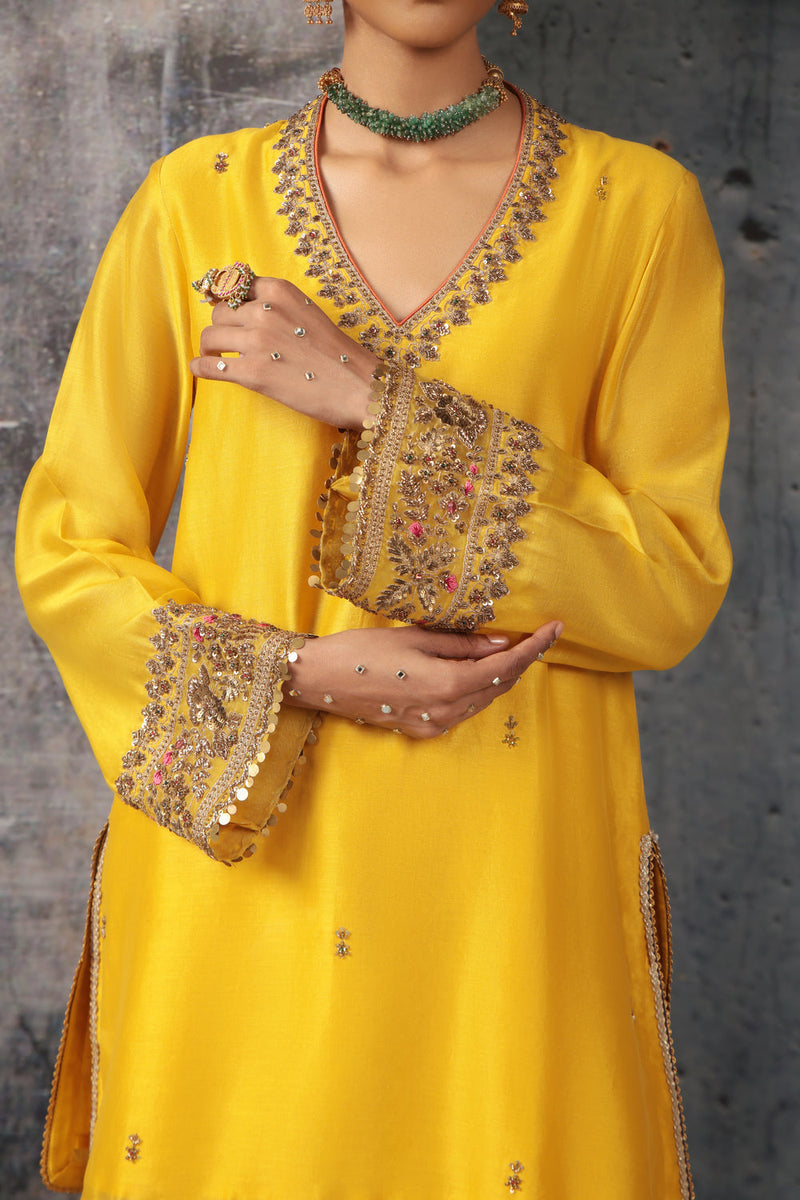 Mehrang Yellow V Neck Short Kurta Set silk chanderi , silk tencel kurta/kurta set by Niti Bothra in yellow for women in Singapore