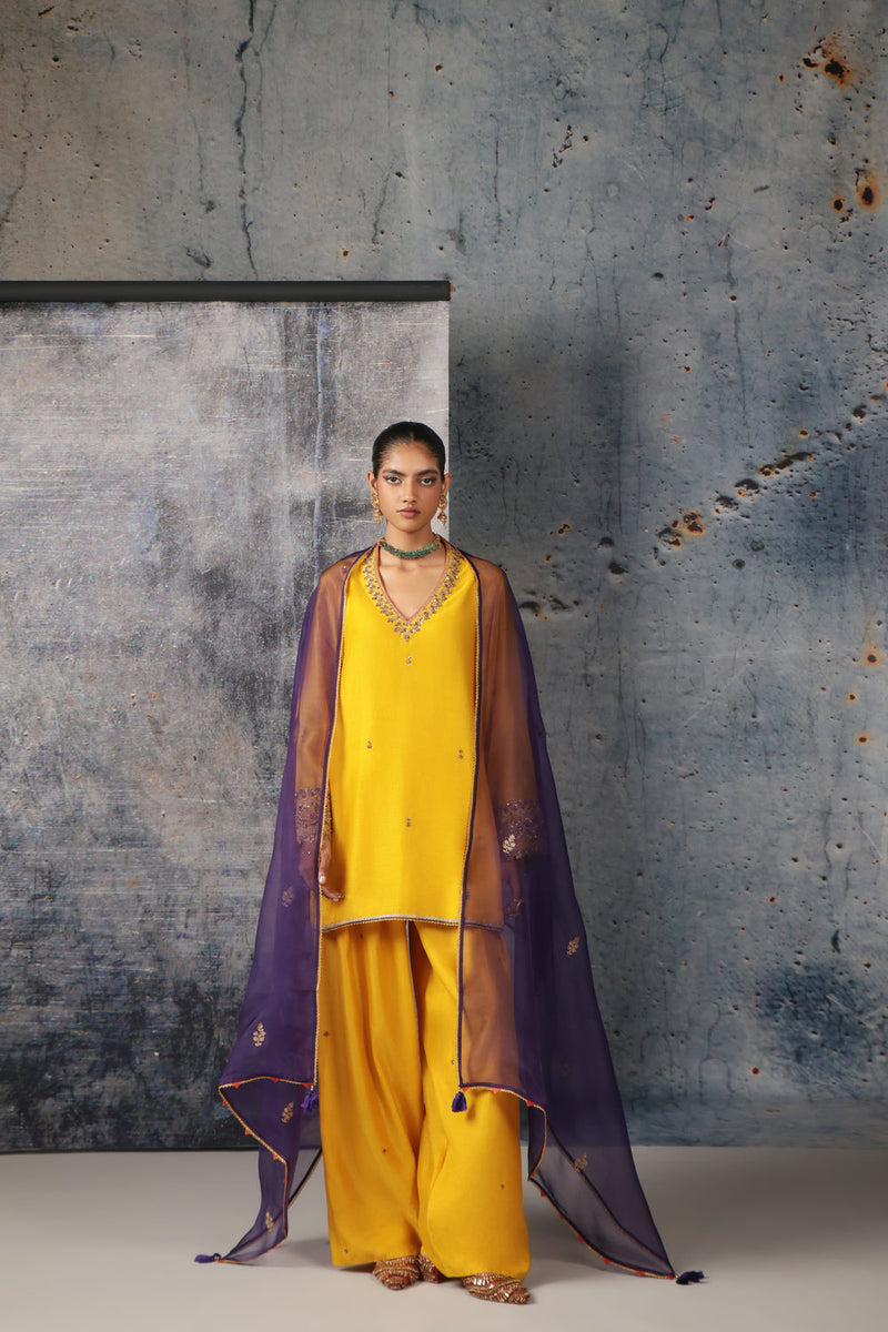 Mehrang Yellow V Neck Short Kurta Set silk chanderi , silk tencel kurta/kurta set by Niti Bothra in yellow for women in Singapore