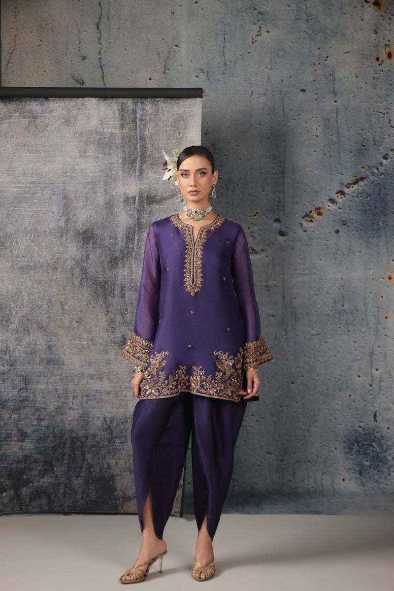 Zar-Rang Purple Heavy Short Kurta Set organza, silk tencel kurta/kurta set by Niti Bothra in purple for women in Singapore