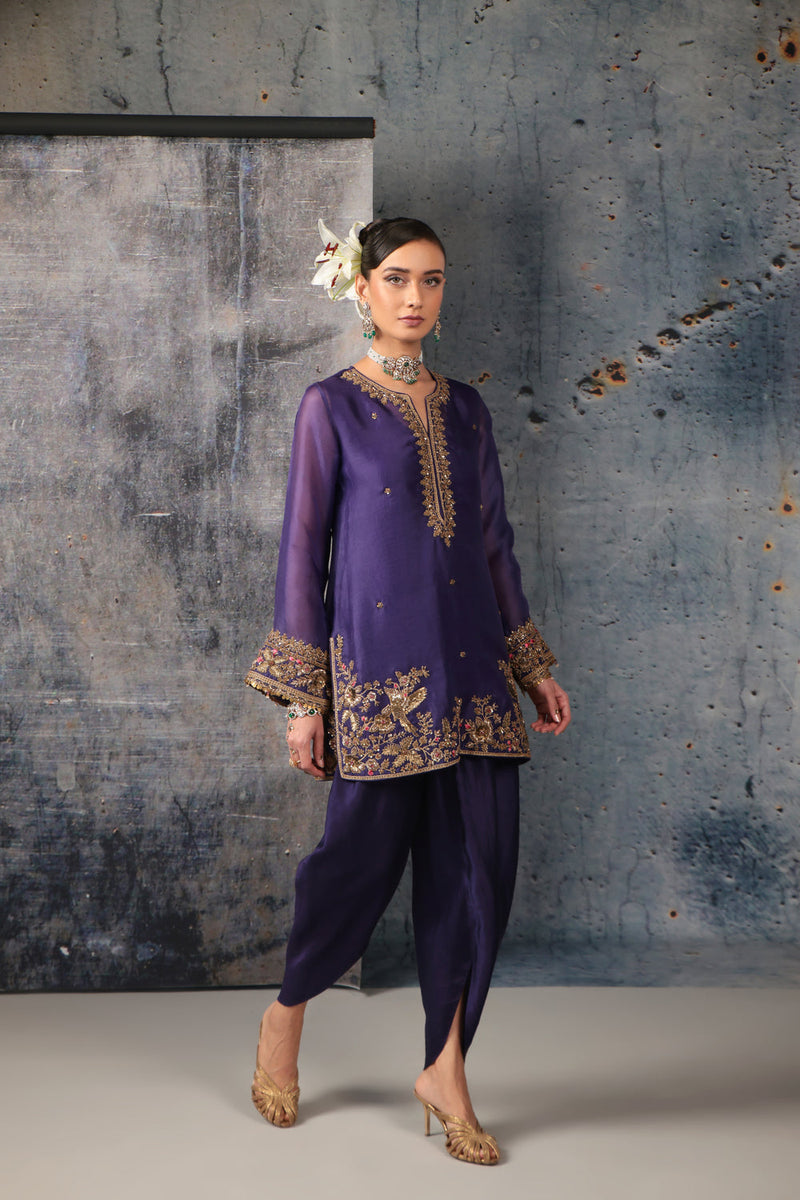 Zar-Rang Purple Heavy Short Kurta Set organza, silk tencel kurta/kurta set by Niti Bothra in purple for women in Singapore