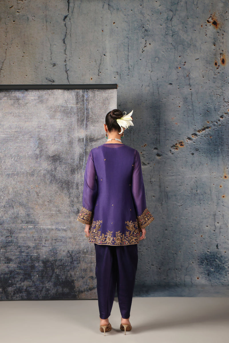 Zar-Rang Purple Heavy Short Kurta Set organza, silk tencel kurta/kurta set by Niti Bothra in purple for women in Singapore