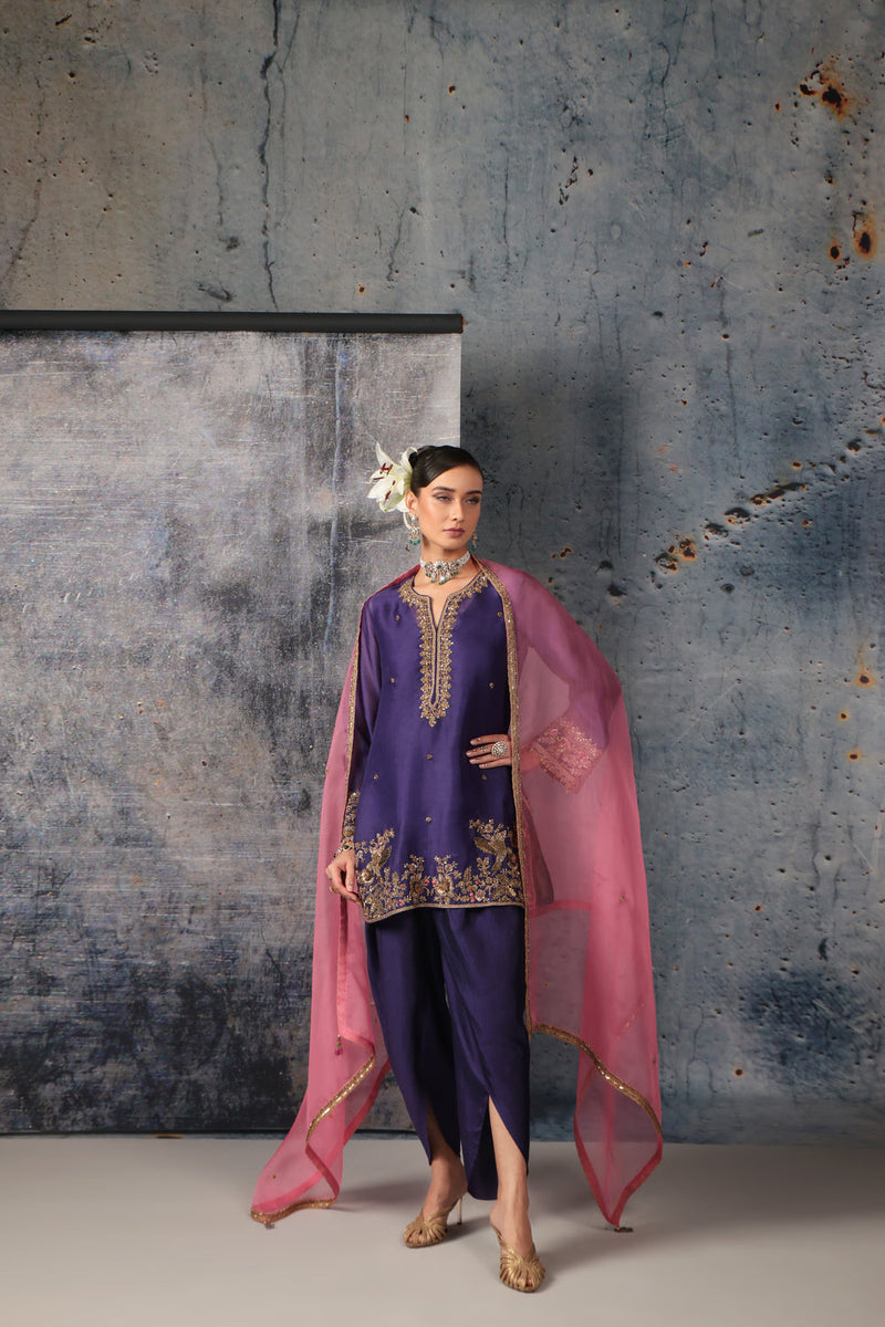 Zar-Rang Purple Heavy Short Kurta Set organza, silk tencel kurta/kurta set by Niti Bothra in purple for women in Singapore