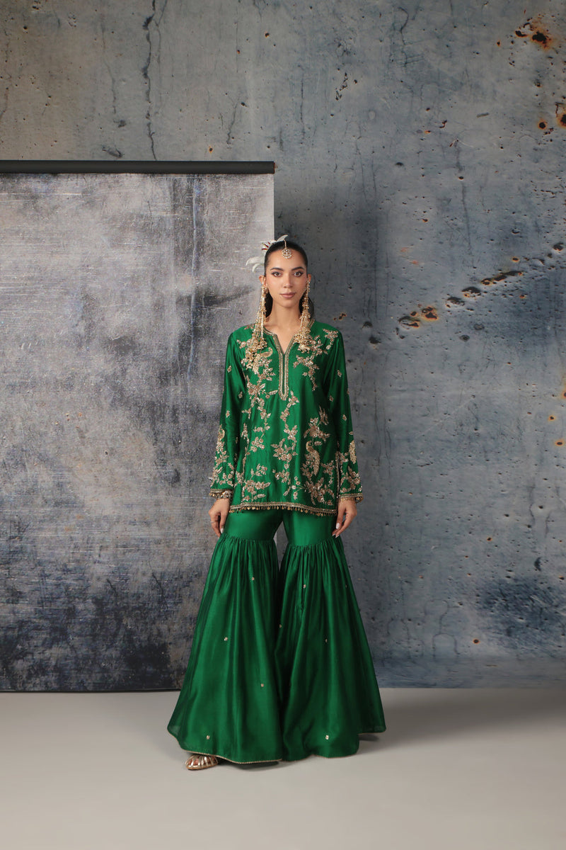 Zar-Rang Green Jaal Sharara Set silk chanderi kurta/kurta set by Niti Bothra in green for women in Singapore
