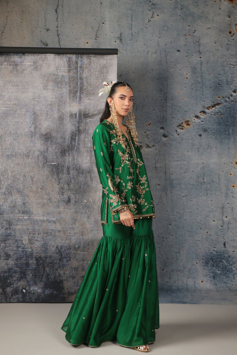 Zar-Rang Green Jaal Sharara Set silk chanderi kurta/kurta set by Niti Bothra in green for women in Singapore