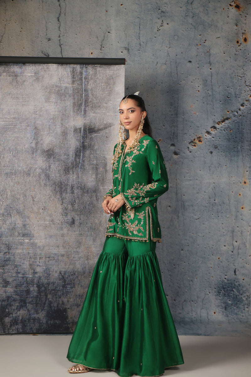 Zar-Rang Green Jaal Sharara Set silk chanderi kurta/kurta set by Niti Bothra in green for women in Singapore
