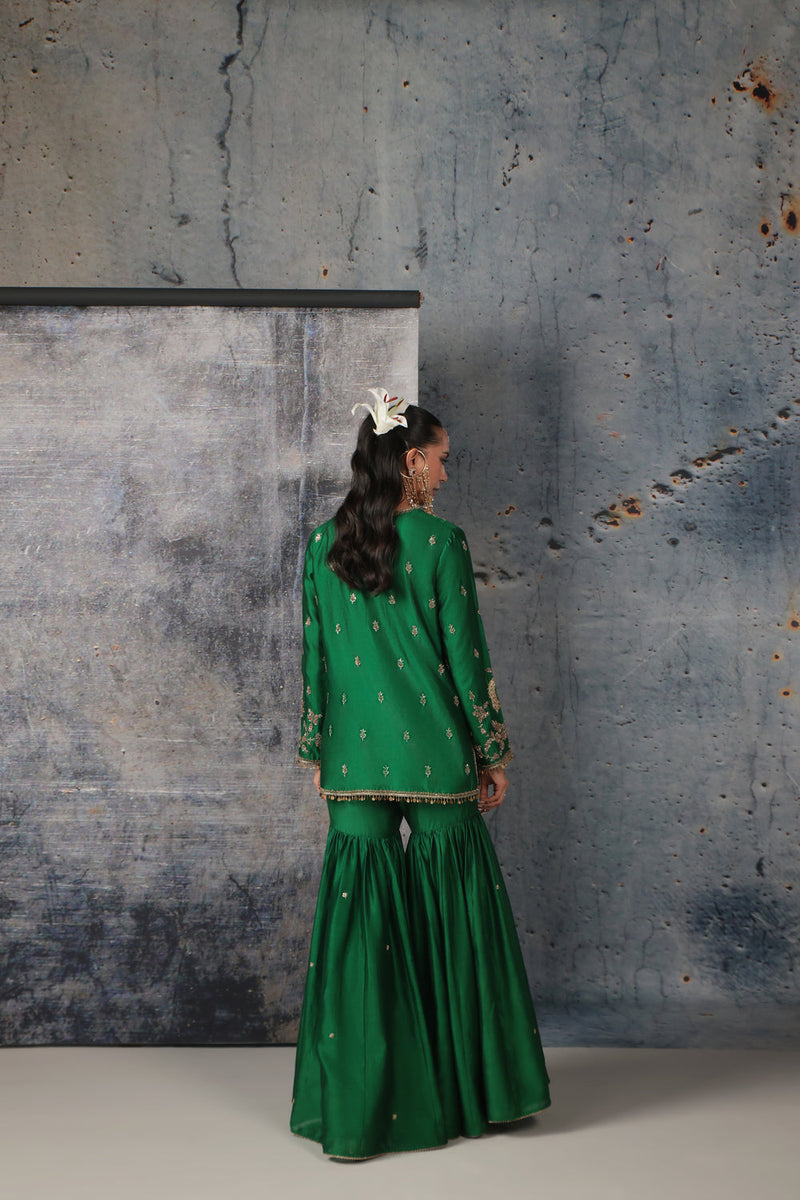 Zar-Rang Green Jaal Sharara Set silk chanderi kurta/kurta set by Niti Bothra in green for women in Singapore