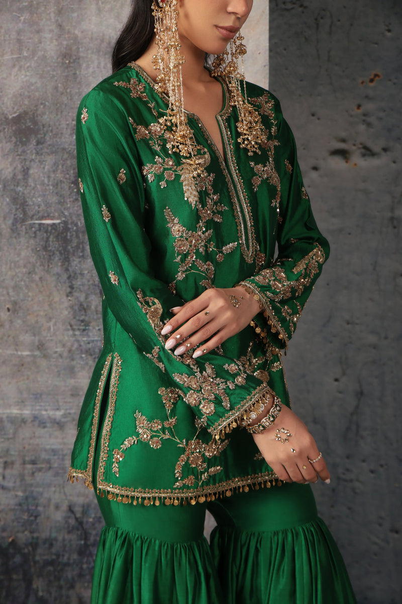 Zar-Rang Green Jaal Sharara Set silk chanderi kurta/kurta set by Niti Bothra in green for women in Singapore