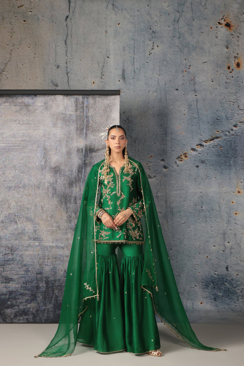Zar-Rang Green Jaal Sharara Set silk chanderi kurta/kurta set by Niti Bothra in green for women in Singapore