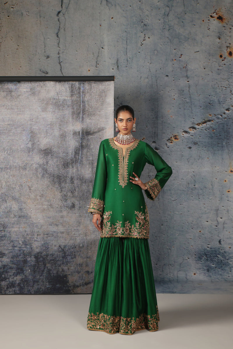 Zar-Rang Green Heavy Sharara Set silk chanderi, organza kurta/kurta set by Niti Bothra in green for women in Singapore