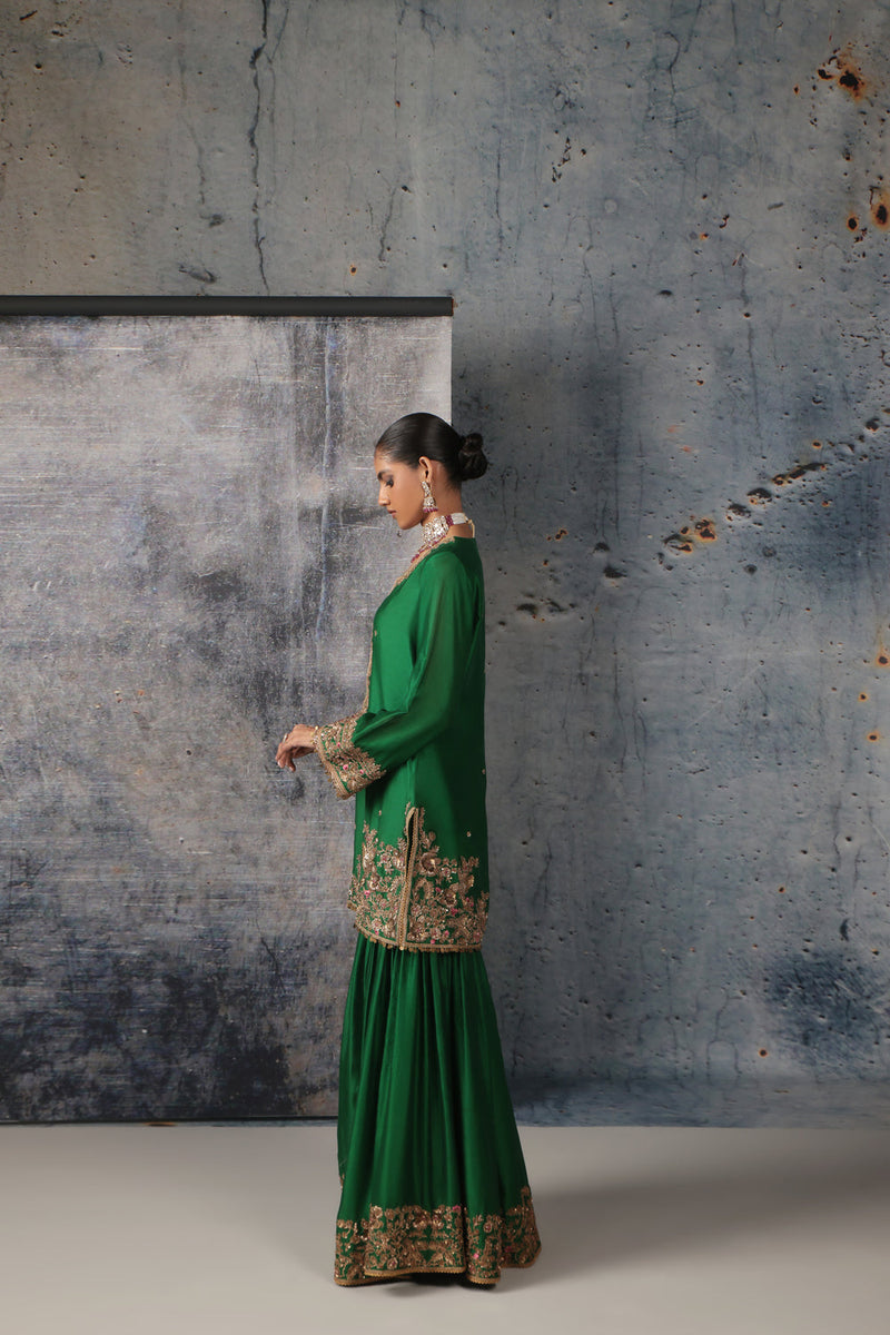 Zar-Rang Green Heavy Sharara Set silk chanderi, organza kurta/kurta set by Niti Bothra in green for women in Singapore
