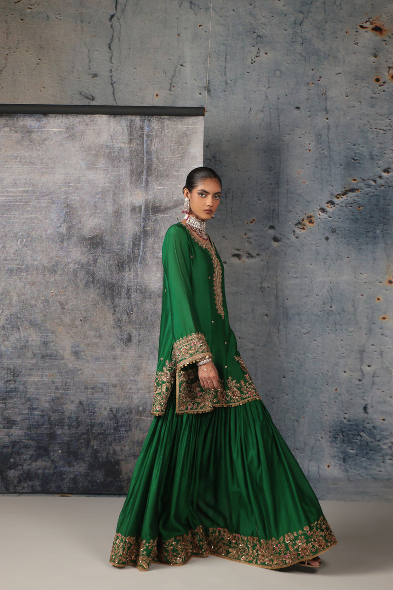 Zar-Rang Green Heavy Sharara Set silk chanderi, organza kurta/kurta set by Niti Bothra in green for women in Singapore