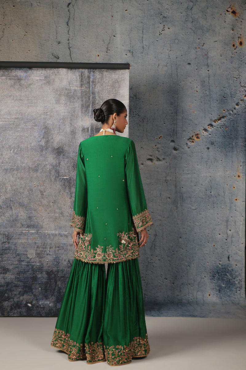 Zar-Rang Green Heavy Sharara Set silk chanderi, organza kurta/kurta set by Niti Bothra in green for women in Singapore