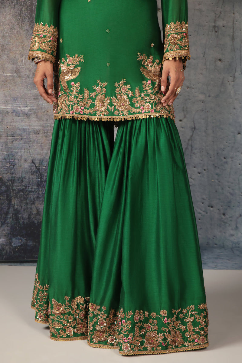 Zar-Rang Green Heavy Sharara Set silk chanderi, organza kurta/kurta set by Niti Bothra in green for women in Singapore