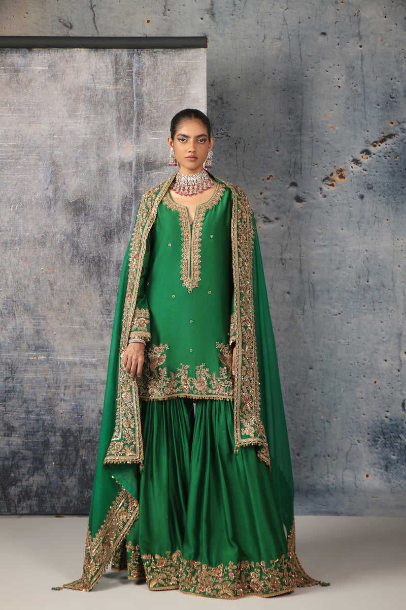 Zar-Rang Green Heavy Sharara Set silk chanderi, organza kurta/kurta set by Niti Bothra in green for women in Singapore