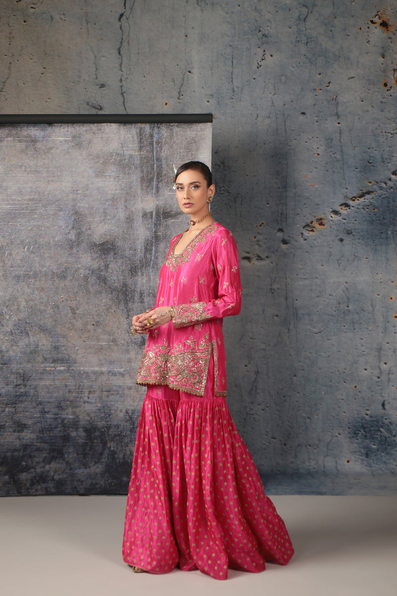 Zar-Rang Pink Buti Sharara Set kora silk, organza kurta/kurta set by Niti Bothra in pink for women in Singapore