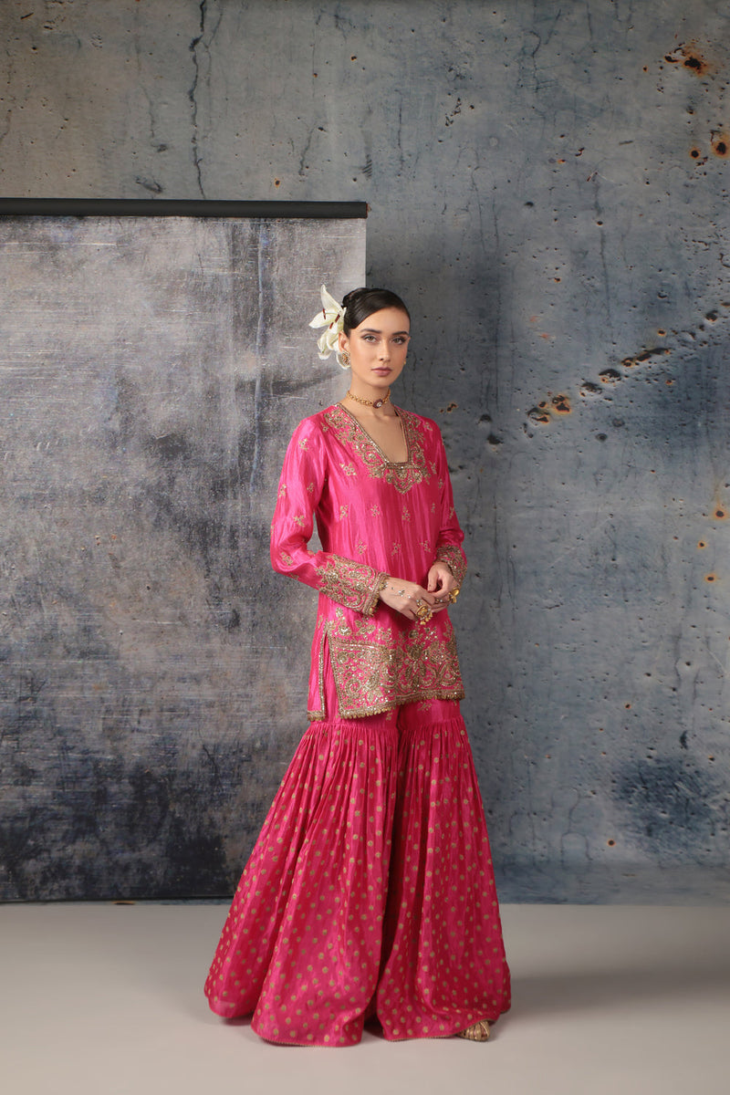 Zar-Rang Pink Buti Sharara Set kora silk, organza kurta/kurta set by Niti Bothra in pink for women in Singapore