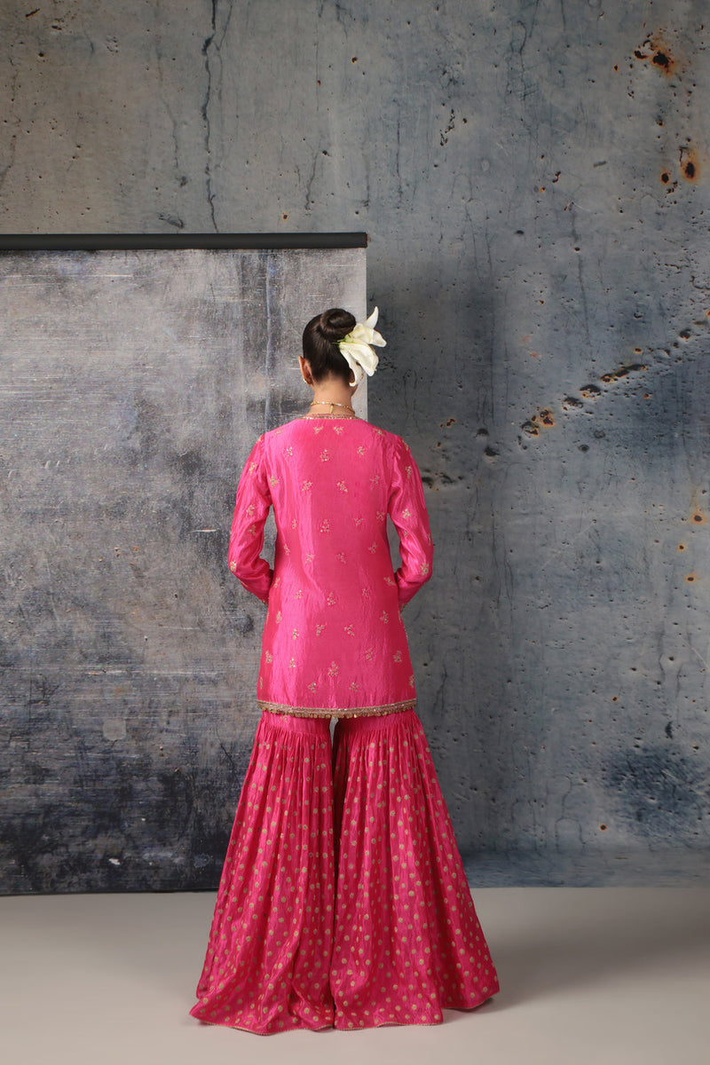 Zar-Rang Pink Buti Sharara Set kora silk, organza kurta/kurta set by Niti Bothra in pink for women in Singapore