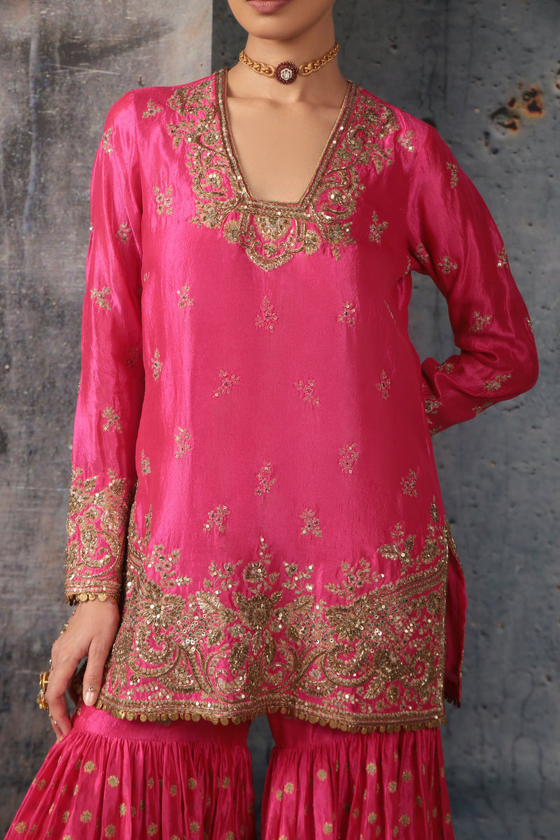 Zar-Rang Pink Buti Sharara Set kora silk, organza kurta/kurta set by Niti Bothra in pink for women in Singapore
