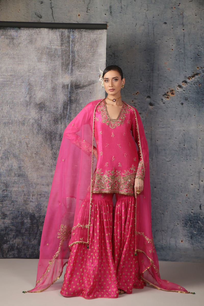 Zar-Rang Pink Buti Sharara Set kora silk, organza kurta/kurta set by Niti Bothra in pink for women in Singapore