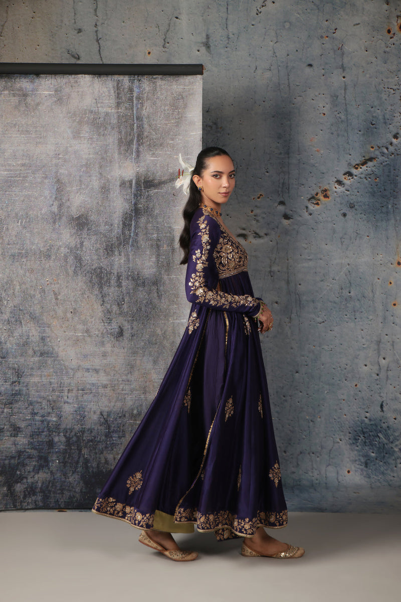 Zar-Rang Purple Kalidaar Set silk chanderi, organza kurta/kurta set by Niti Bothra in purple for women in Singapore