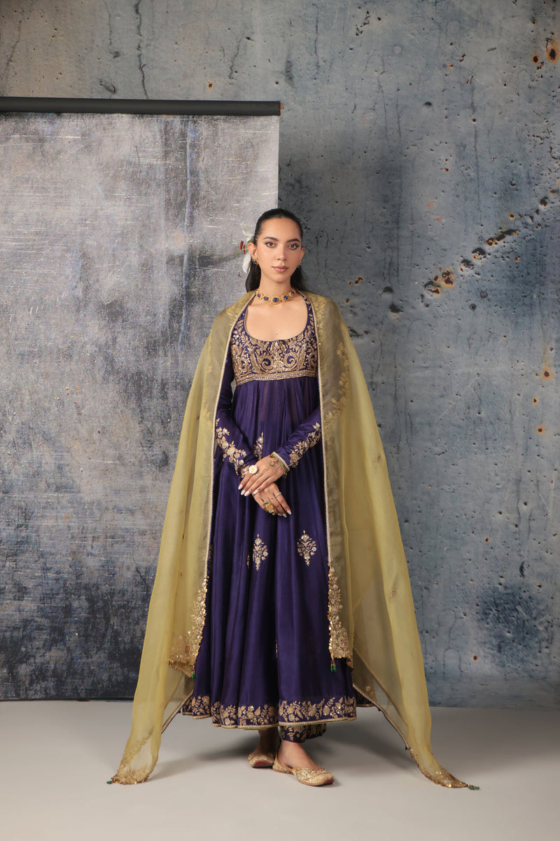 Zar-Rang Purple Kalidaar Set silk chanderi, organza kurta/kurta set by Niti Bothra in purple for women in Singapore