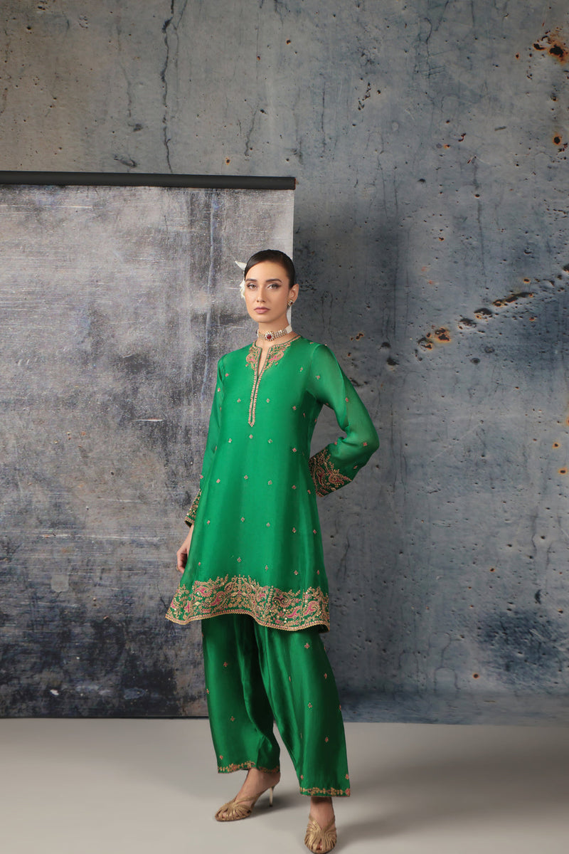 Zar-Rang Green Short Pheran Kurta Set organza, silk tencel kurta/kurta set by Niti Bothra in green for women in Singapore