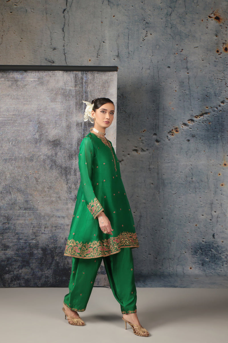 Zar-Rang Green Short Pheran Kurta Set organza, silk tencel kurta/kurta set by Niti Bothra in green for women in Singapore