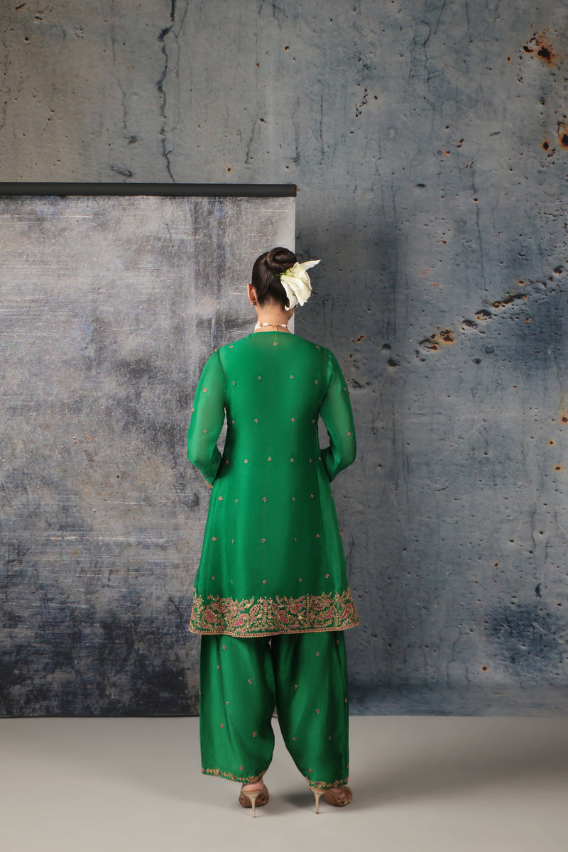 Zar-Rang Green Short Pheran Kurta Set organza, silk tencel kurta/kurta set by Niti Bothra in green for women in Singapore