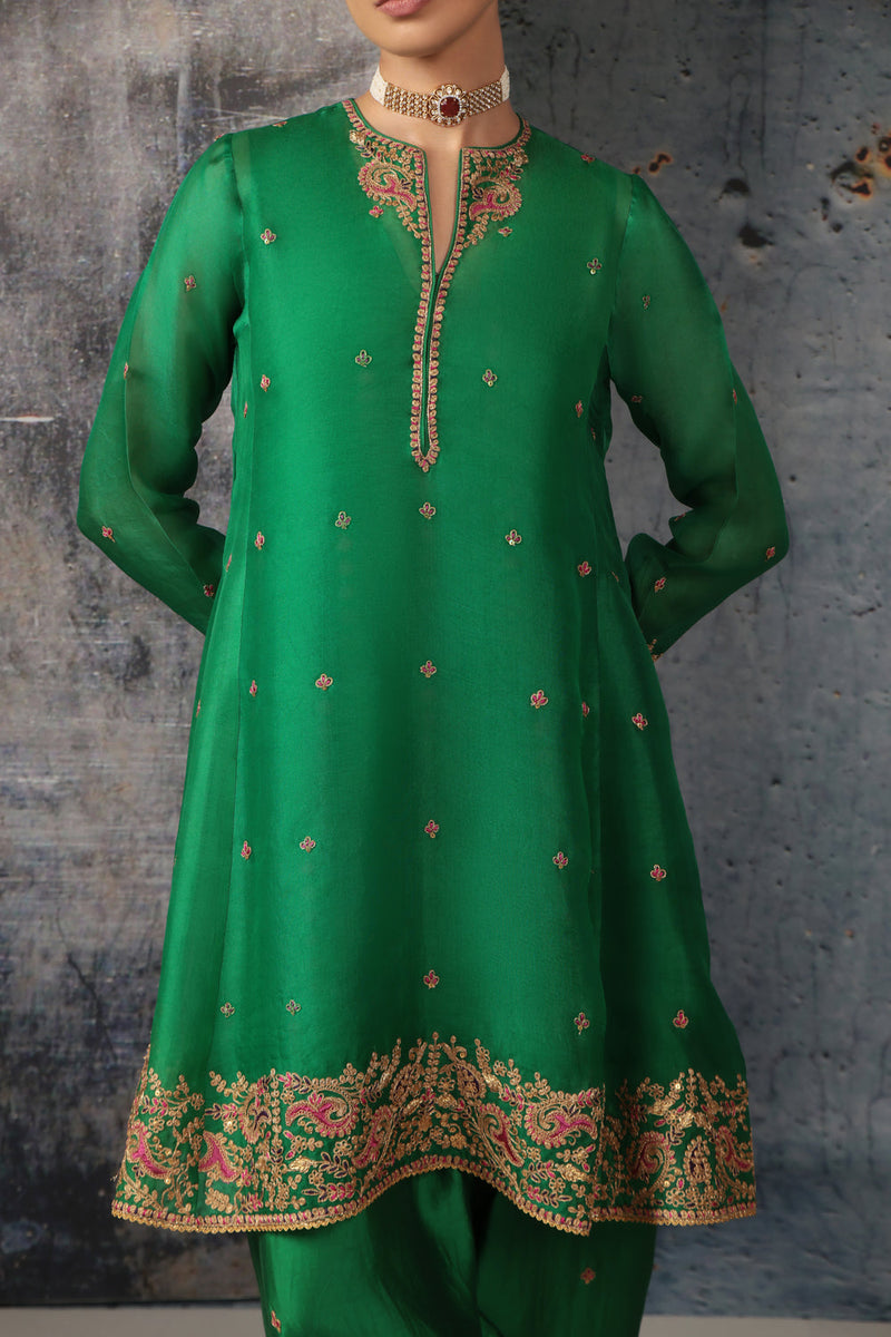 Zar-Rang Green Short Pheran Kurta Set organza, silk tencel kurta/kurta set by Niti Bothra in green for women in Singapore