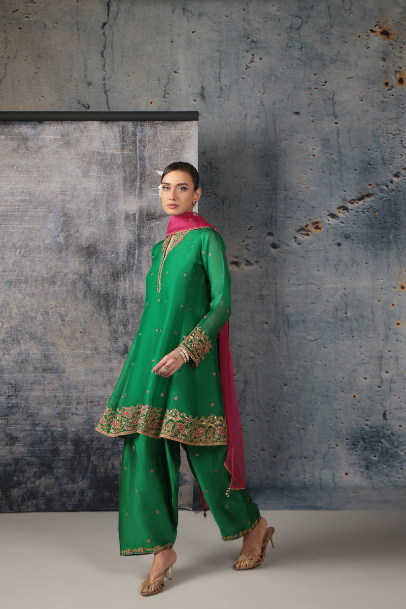 Zar-Rang Green Short Pheran Kurta Set organza, silk tencel kurta/kurta set by Niti Bothra in green for women in Singapore