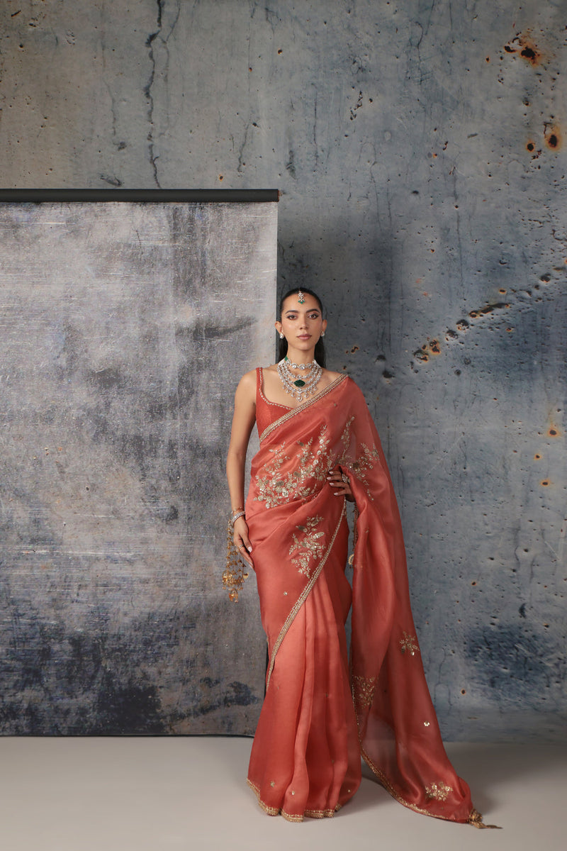 Zar-Rang Orange Zardosi Saree Set organza, net sarees by Niti Bothra in orange for women in Singapore