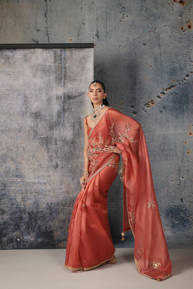 Zar-Rang Orange Zardosi Saree Set organza, net sarees by Niti Bothra in orange for women in Singapore