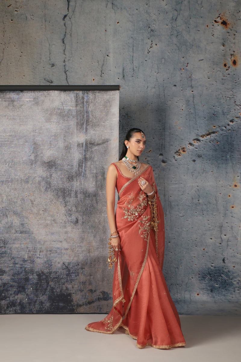 Zar-Rang Orange Zardosi Saree Set organza, net sarees by Niti Bothra in orange for women in Singapore