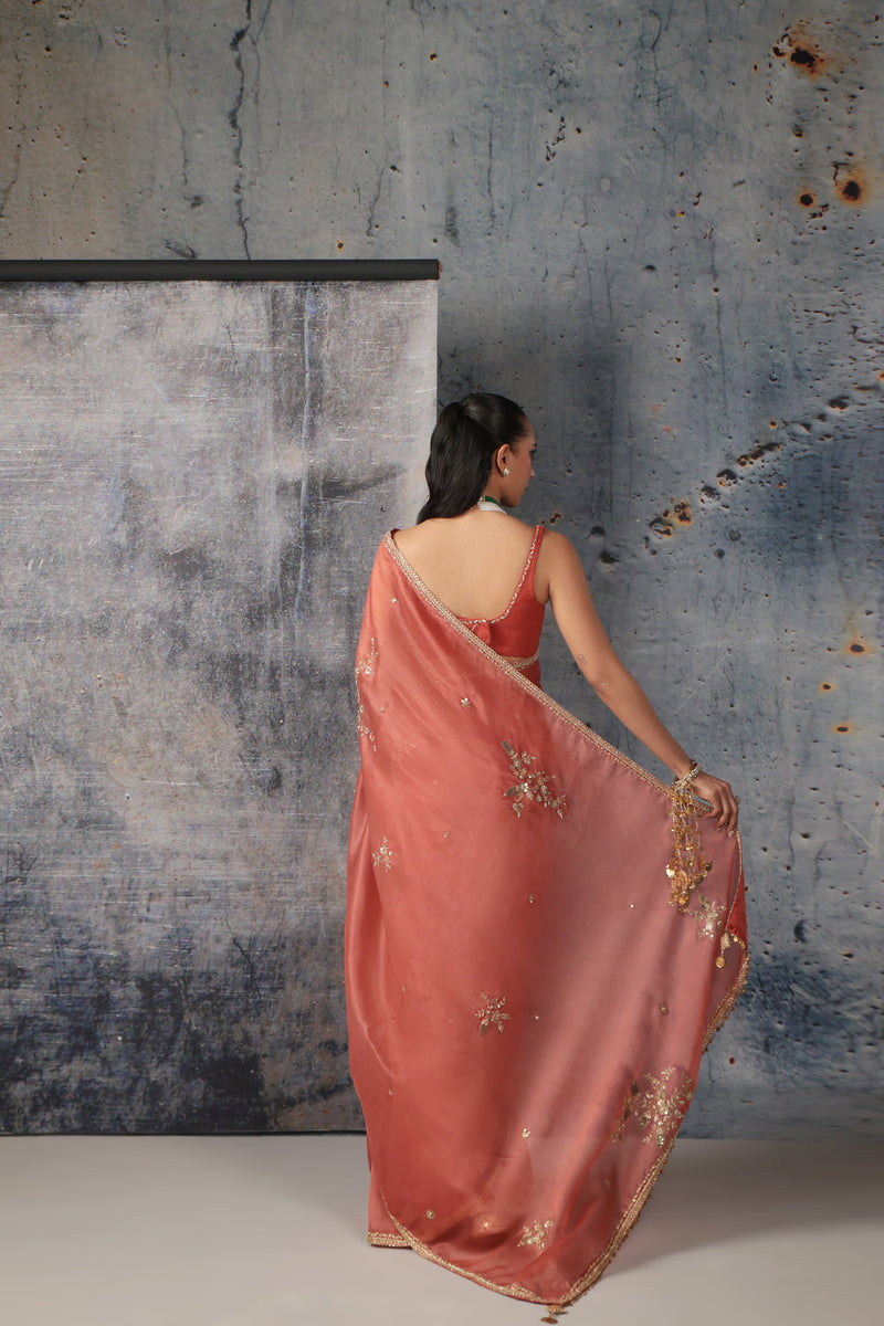 Zar-Rang Orange Zardosi Saree Set organza, net sarees by Niti Bothra in orange for women in Singapore