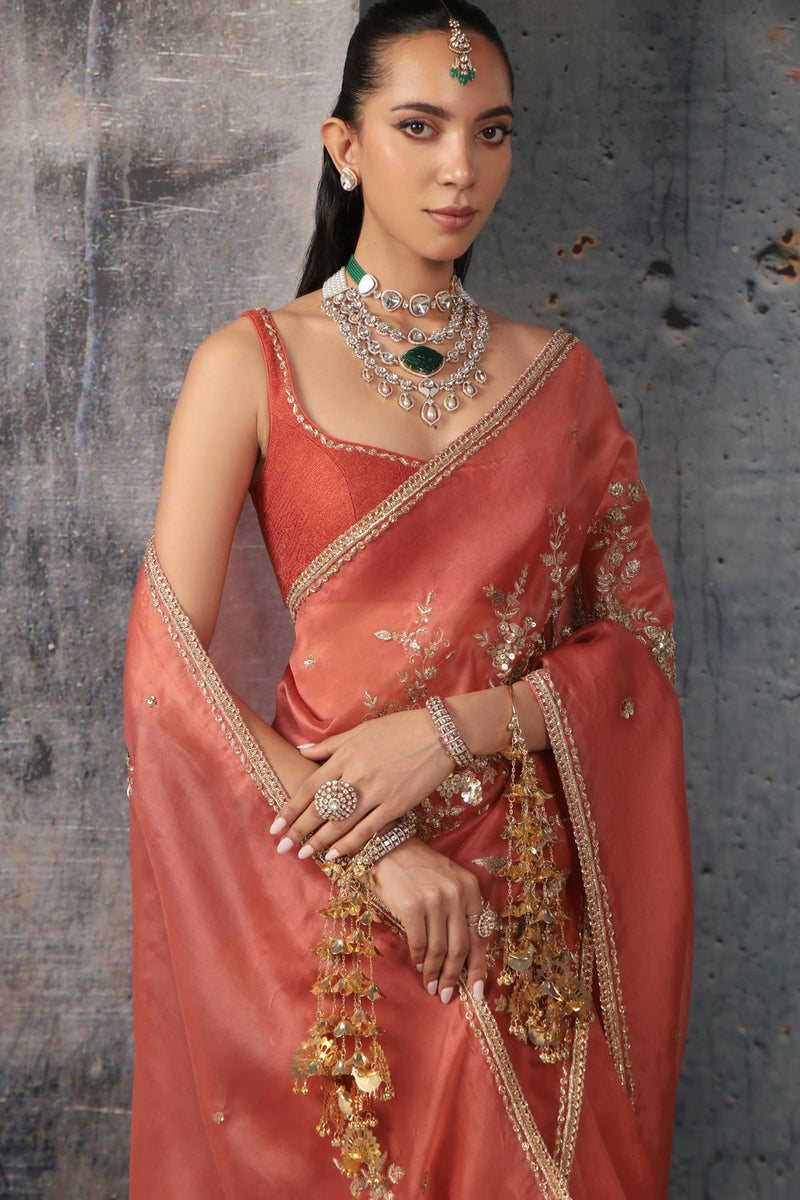 Zar-Rang Orange Zardosi Saree Set organza, net sarees by Niti Bothra in orange for women in Singapore