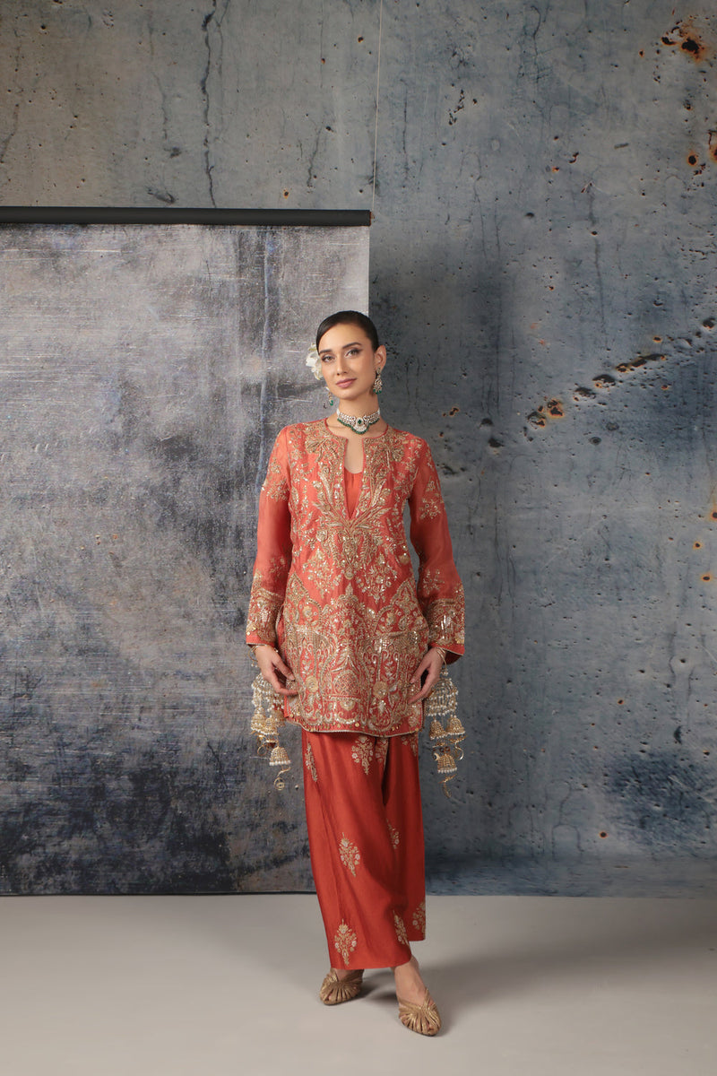 Zar-Rang Jaal Farshi Kurta Set organza, silk tencel kurta/kurta set by Niti Bothra in orange for women in Singapore