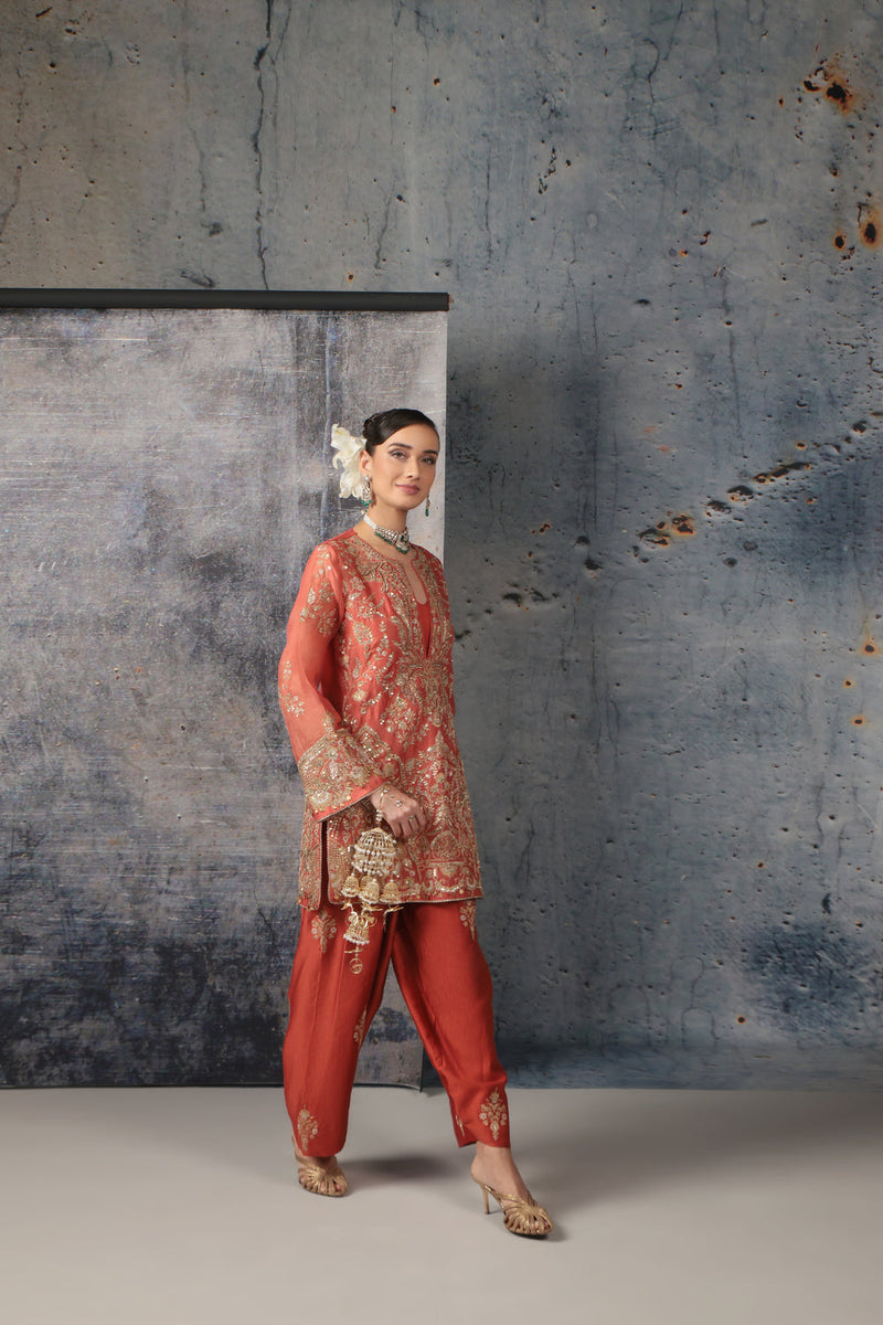 Zar-Rang Jaal Farshi Kurta Set organza, silk tencel kurta/kurta set by Niti Bothra in orange for women in Singapore