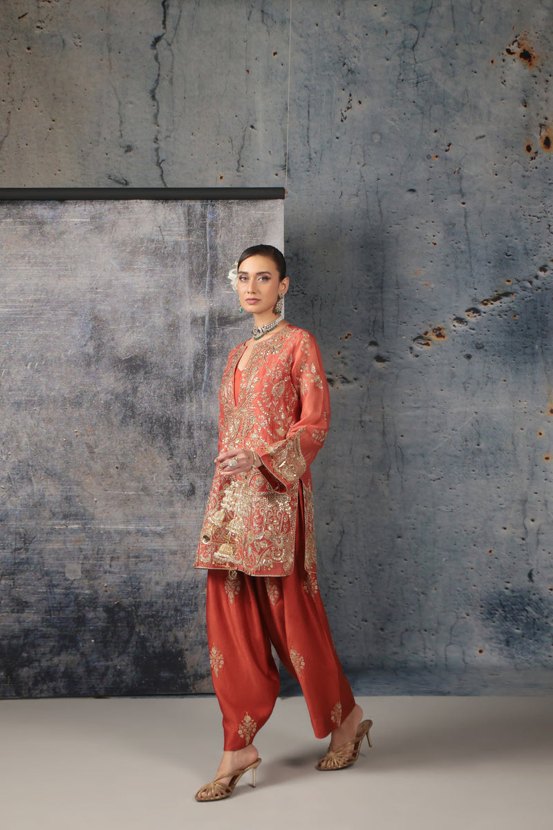 Zar-Rang Jaal Farshi Kurta Set organza, silk tencel kurta/kurta set by Niti Bothra in orange for women in Singapore