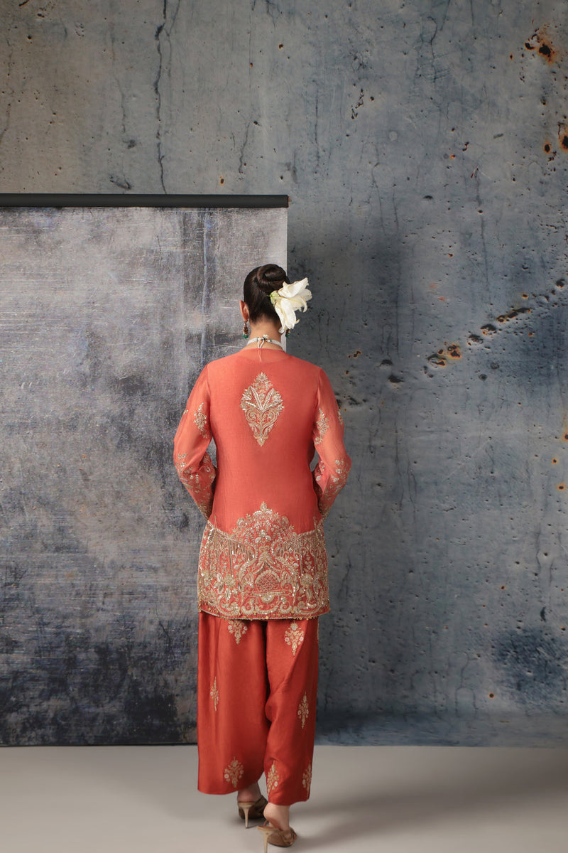 Zar-Rang Jaal Farshi Kurta Set organza, silk tencel kurta/kurta set by Niti Bothra in orange for women in Singapore
