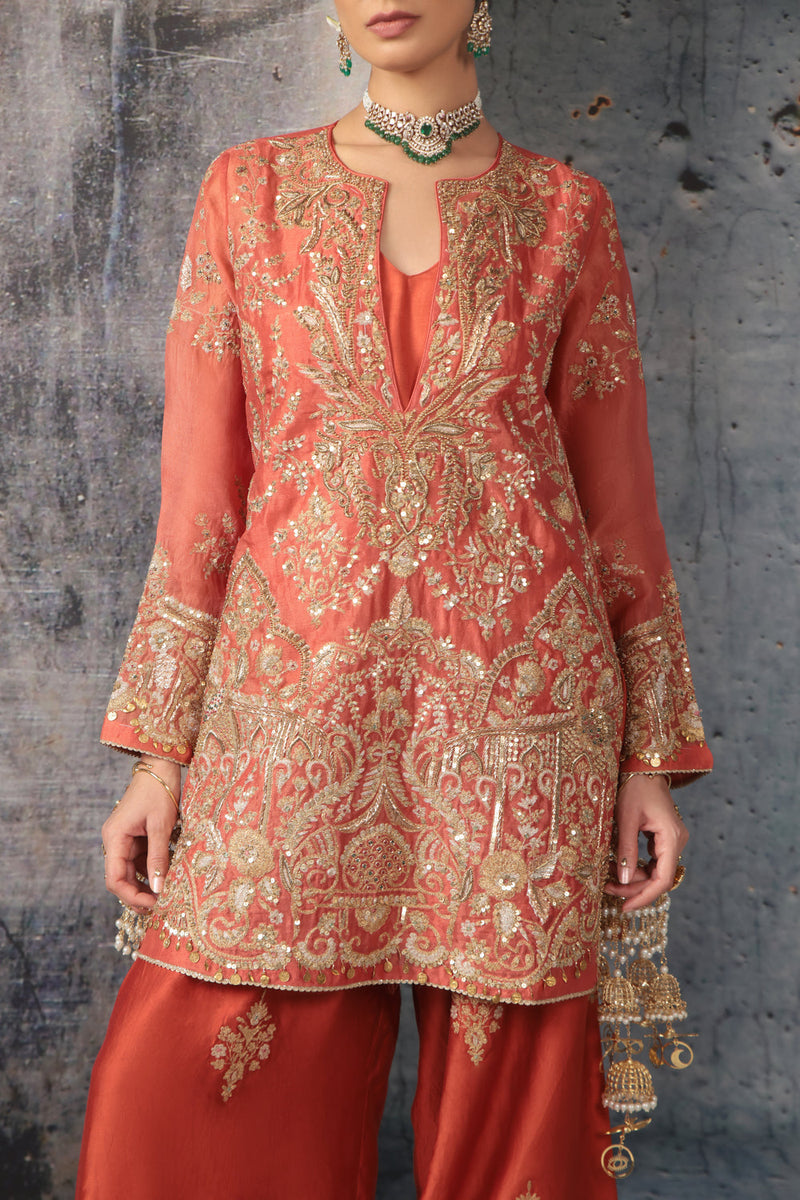 Zar-Rang Jaal Farshi Kurta Set organza, silk tencel kurta/kurta set by Niti Bothra in orange for women in Singapore