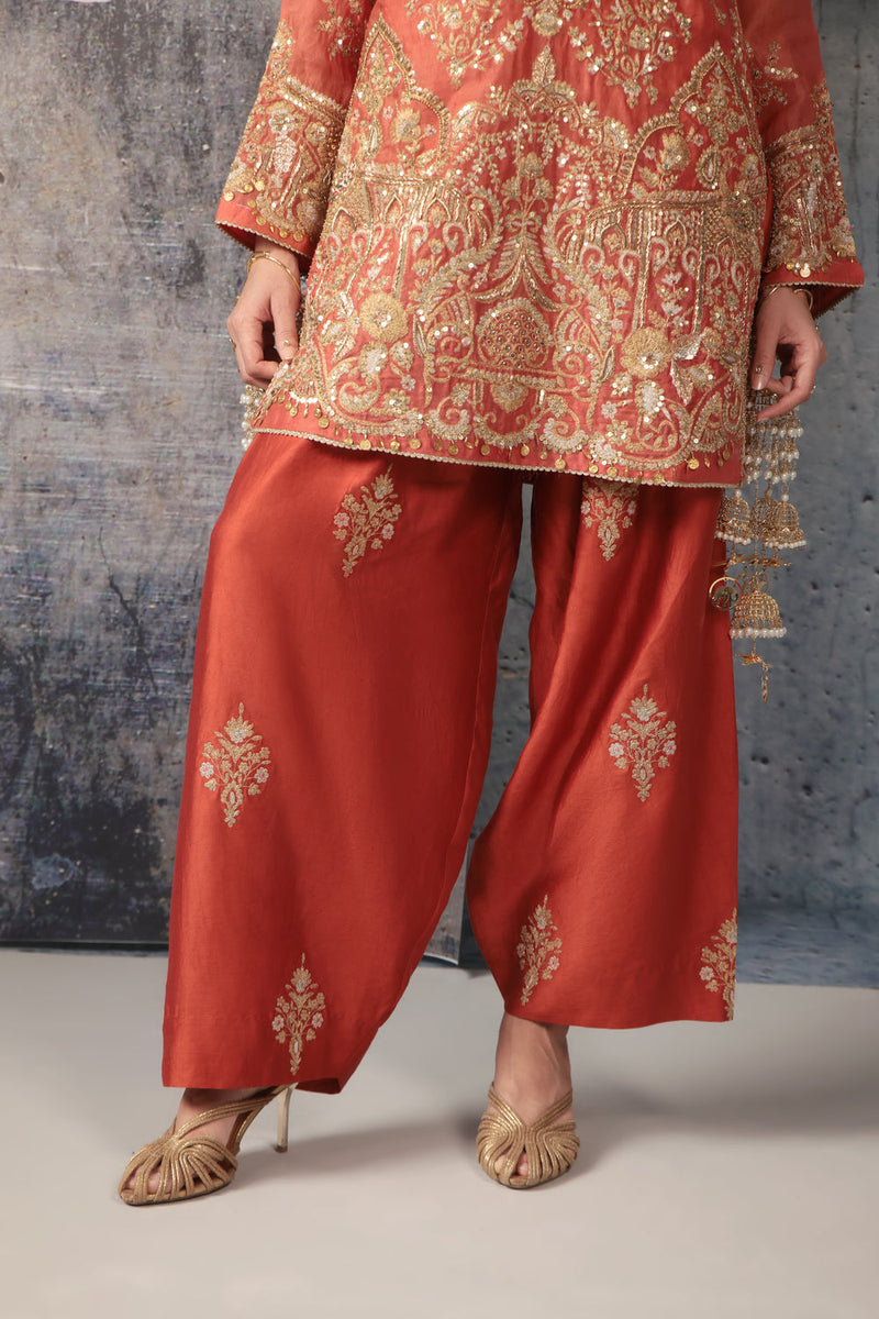 Zar-Rang Jaal Farshi Kurta Set organza, silk tencel kurta/kurta set by Niti Bothra in orange for women in Singapore