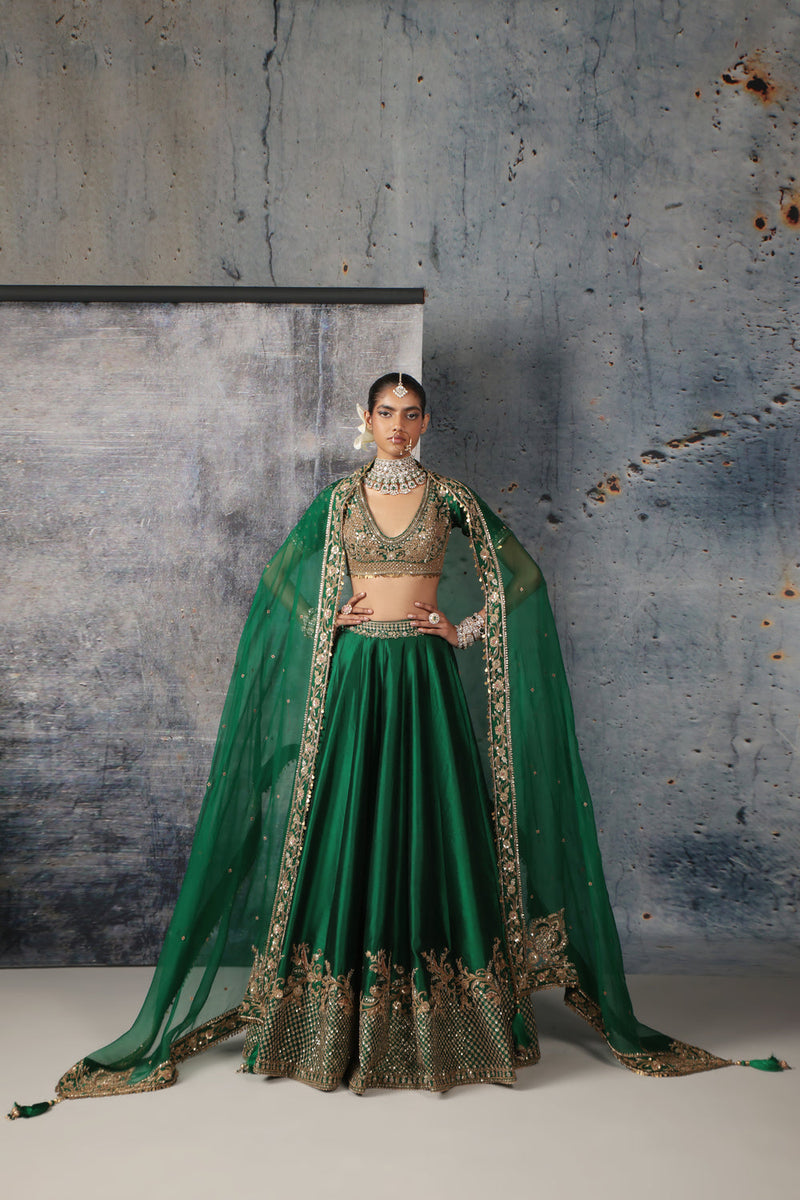 Zar-Rang Green Zardosi Lehenga Set kora silk, organza lehenga sets by Niti Bothra in green for women in Singapore