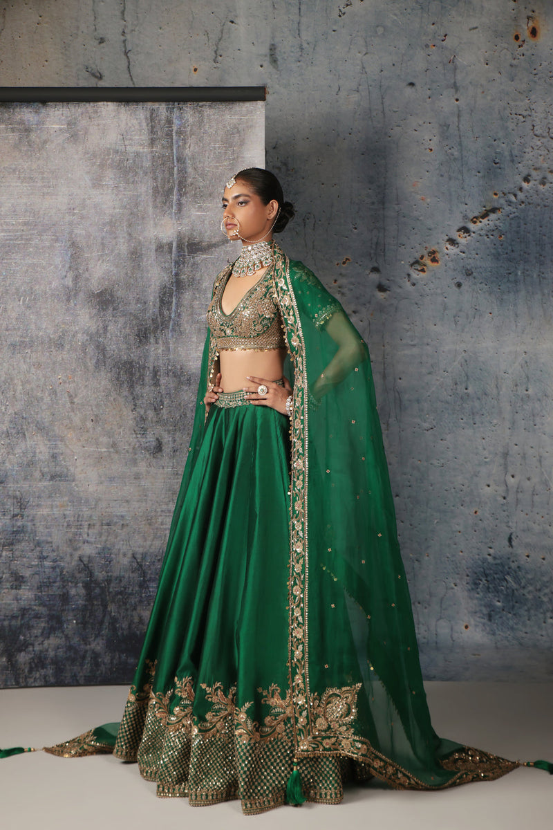 Zar-Rang Green Zardosi Lehenga Set kora silk, organza lehenga sets by Niti Bothra in green for women in Singapore