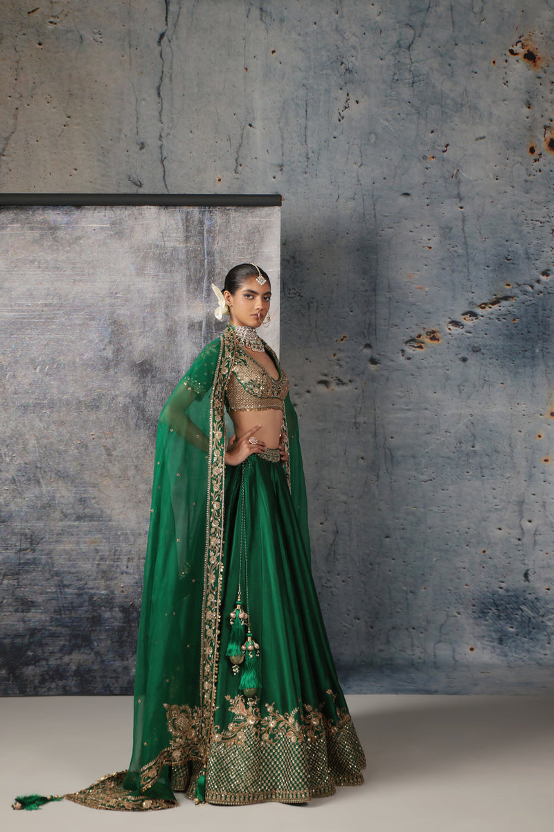 Zar-Rang Green Zardosi Lehenga Set kora silk, organza lehenga sets by Niti Bothra in green for women in Singapore