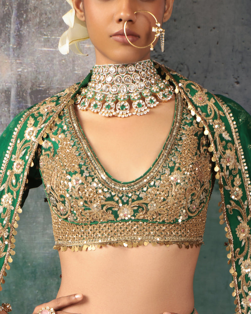 Zar-Rang Green Zardosi Lehenga Set kora silk, organza lehenga sets by Niti Bothra in green for women in Singapore